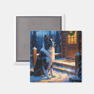 Aimant Border Collie avec lumières de Noël pour les Fêtes