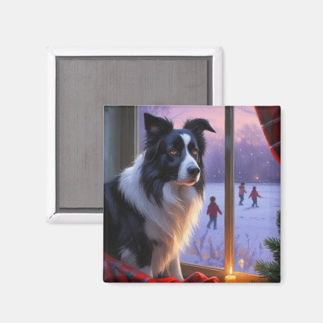 Aimant Border Collie avec lumières de Noël vacances (Recto/Verso)