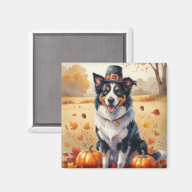 Aimant Bordure Collie À L'Automne Feuilles Thanksgiving A (Recto/Verso)
