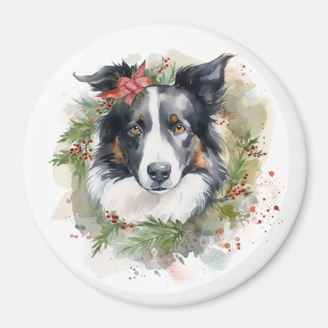 Aimant Bordure Collie Fête de Noël Wreath Pup (Devant)