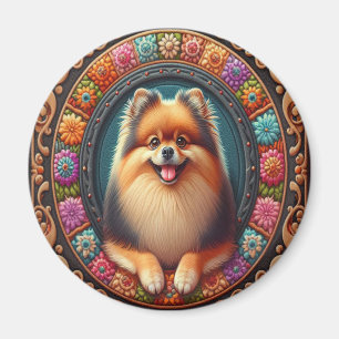 Aimant Bordure colorée florale de chien de Poméranie élég