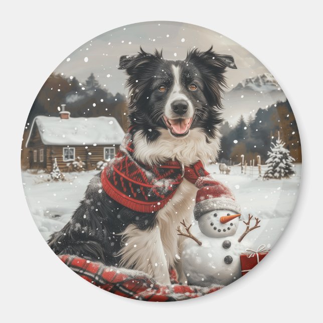 Aimant Bordure de Noël Collie Chien Snowman (Devant)