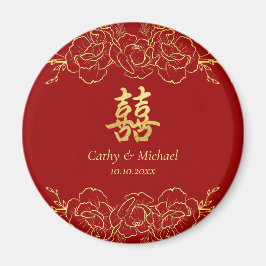 Aimant Bordure fleurie or rouge mariage chinois double xi