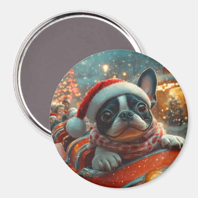 Aimant Boston Terrier Dog Roller Dessous de verre Noël (Recto/Verso)