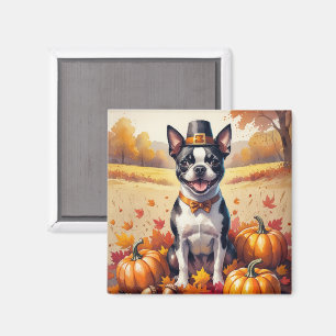 Aimant Boston Terrier En Automne Quitte L'Art Thanksgivin