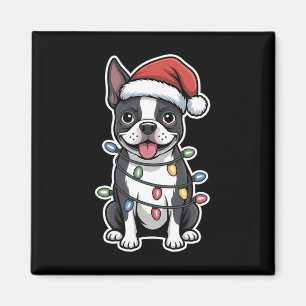 Aimant Boston Terrier Enveloppé Dans Les Lumières De Noël