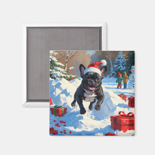 Aimant Bouledogue français noir scène festive de Noël enn