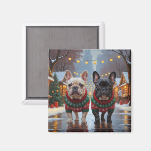 Aimant Bouledogues français Noël Neige Fêtes