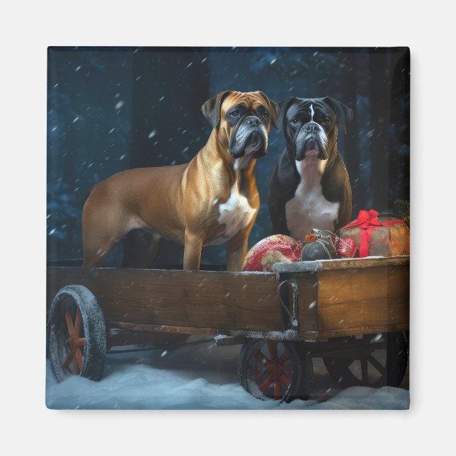 Aimant Boxer Snowy Sleigh Décor de Noël (Devant)