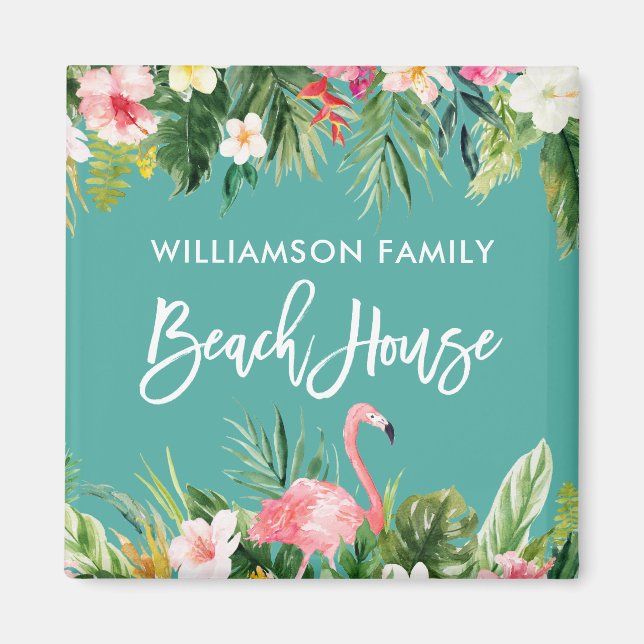 Aimant Brosse Script Tropical Floral Family Beach House (Devant)