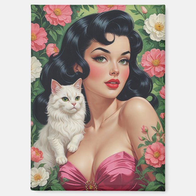 Aimant Brunette Pin-Up avec chatte blanche mignonne (Recto)