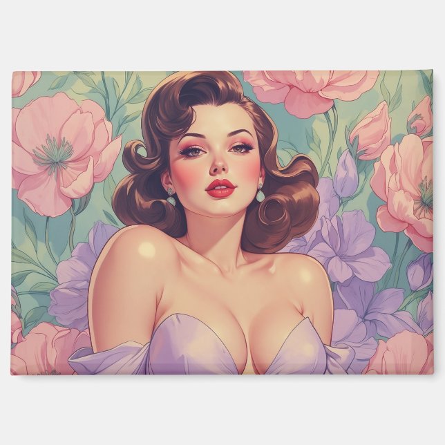 Aimant Brunette Pin-Up Fleurs Pastel (Recto)