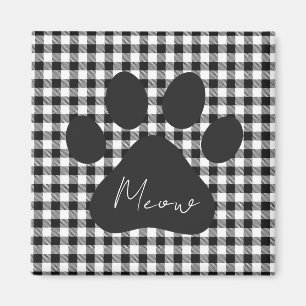 Aimant Buffalo Plaid Empreinte de patte noir blanc Meow c