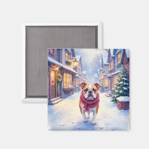 Aimant Bulldog anglais Noël enneigé Village Fêtes