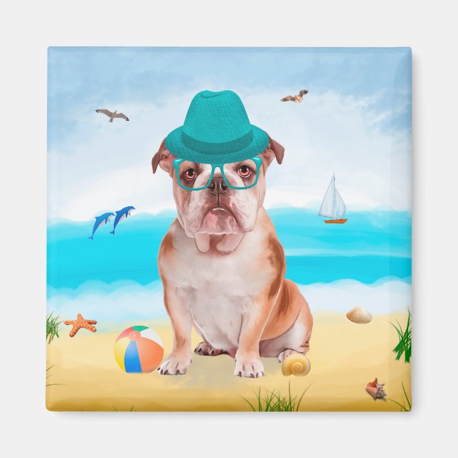 Aimant Bulldog anglais sur la plage (Devant)