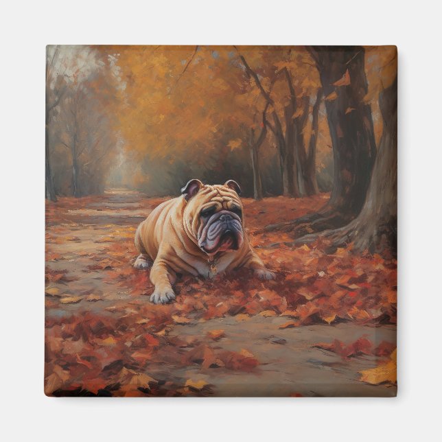 Aimant Bulldog en automne Feuilles automne Inspire (Devant)