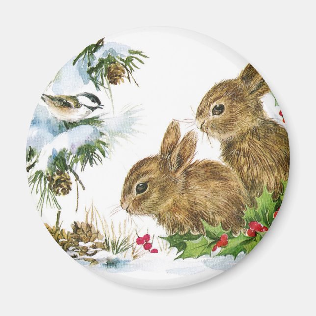 Aimant Bunnies et oiseaux Profitez de la neige (Devant)