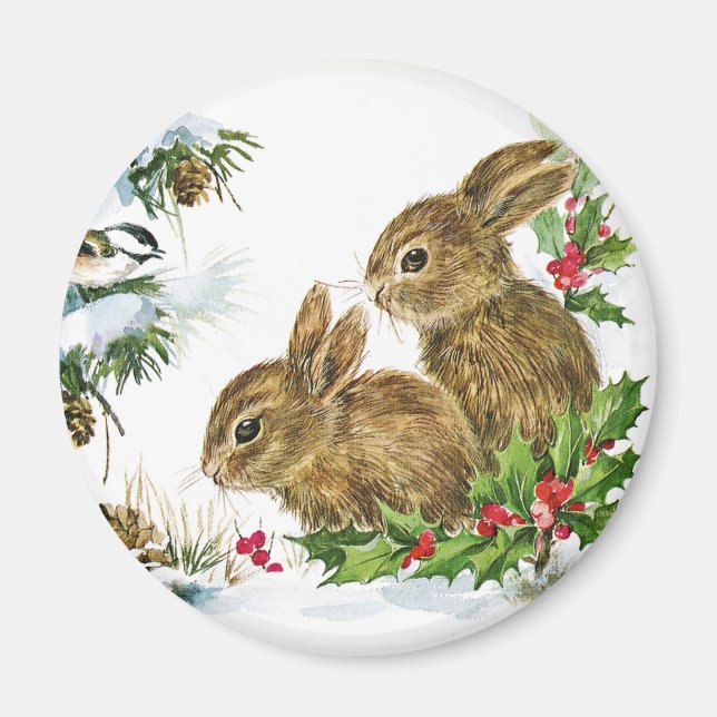 Aimant Bunnies et oiseaux Profitez de la neige de Noël (Devant)