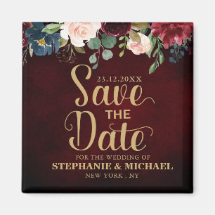 Aimant Burgundy Red Navy Floral Rustic Boho Sve la date