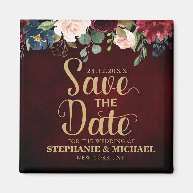 Aimant Burgundy Red Navy Floral Rustic Boho Sve la date (Devant)