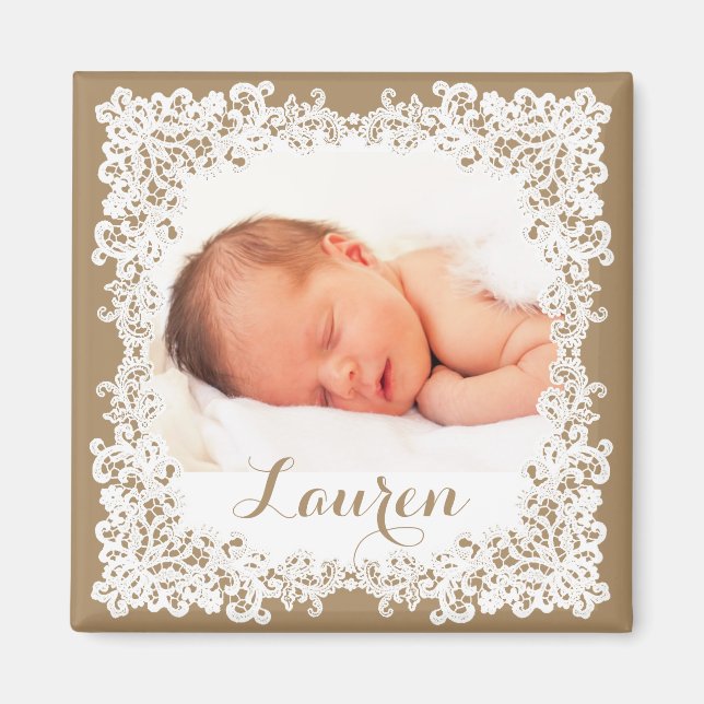 Aimant Burlap brun & blanc élégant design photo dentelle (Devant)