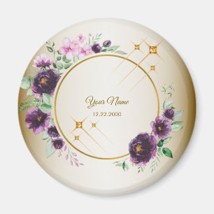 Aimant Cadeau de mariage Fête Violet Rose Floral Vert Dor