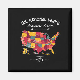 Aimant Cadeaux de carte des 62 parcs nationaux Parc améri