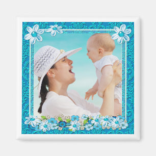Aimant Cadre photo floral bleu et blanc