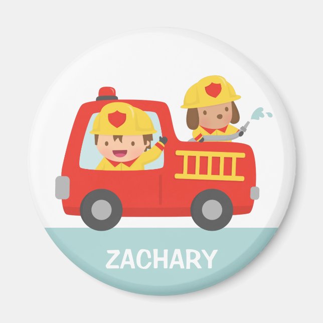 Aimant Camion feu rouge avec pompier garçon et chiot (Devant)