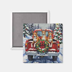 Aimant Camionnette Rouge de Noël Basenji Fêtes