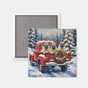 Aimant Camionnette Rouge de Noël Pug Fêtes