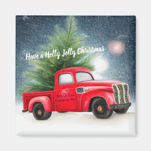 Aimant Camionnette vintage rouge et arbre personnalisé po