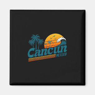 Aimant Cancun Mexique Retro Coucher de soleil Palmier Pla