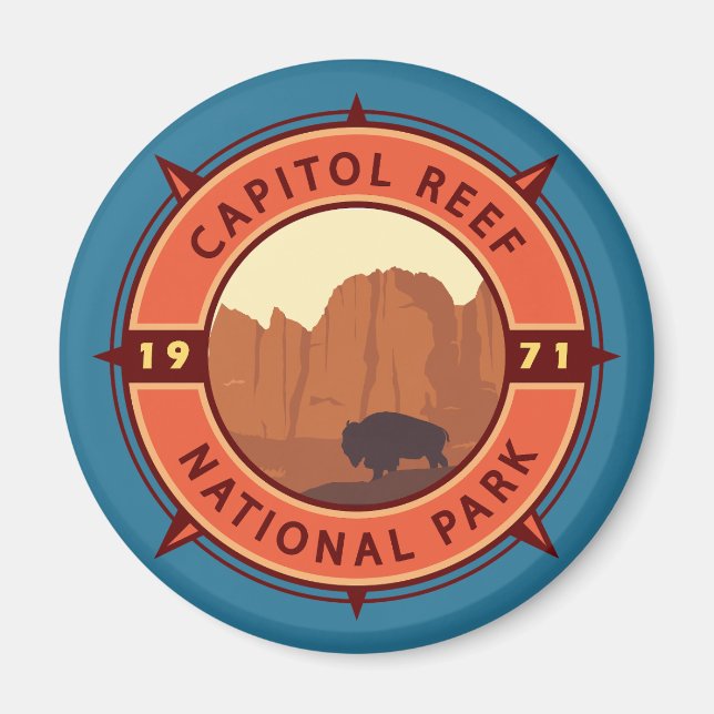 Aimant Capitol Reef National Park Bison Retro Compass (Devant)