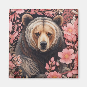 Aimant Captivant Brown Ours Gaze Fleurs roses