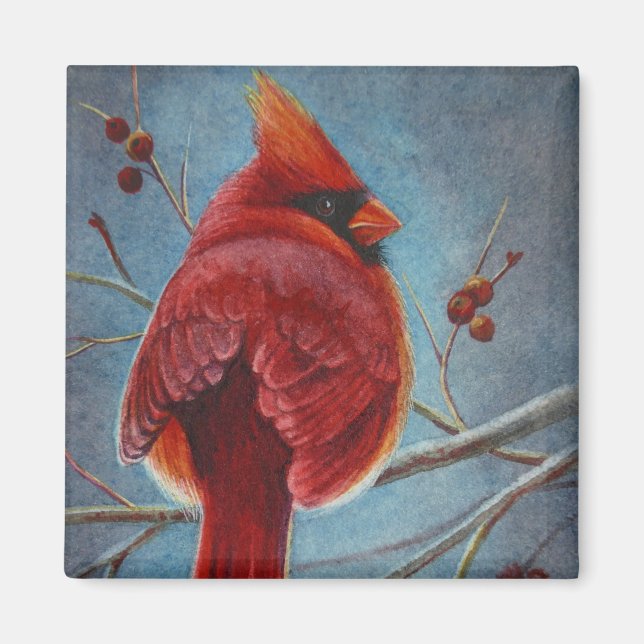Aimant Cardinal du Nord Baies d'oiseaux rouges Aquarelle  (Devant)