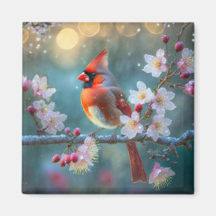 Aimant Cardinal masculin en fleurs de cerisiers au clair