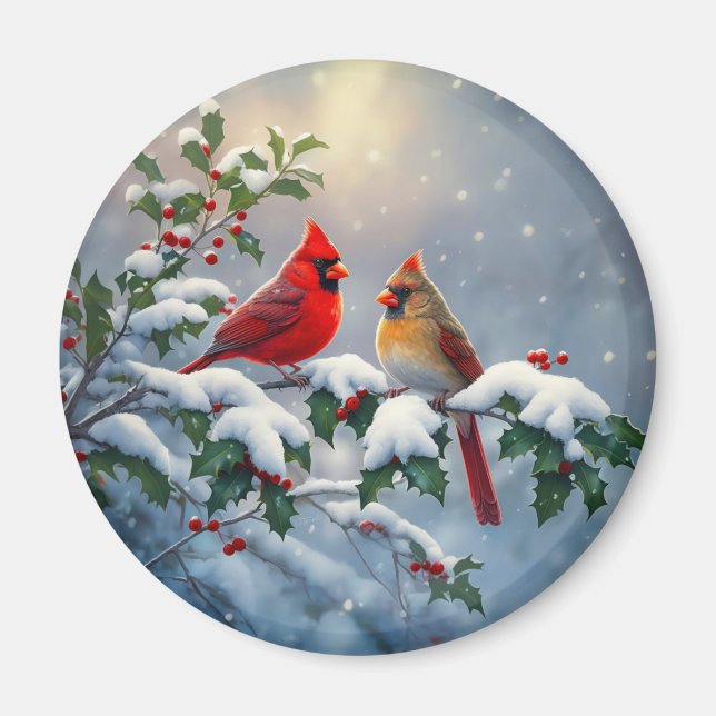 Aimant Cardinaux rouges et Holly en neige (Devant)