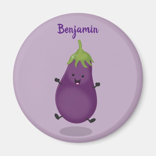 Aimant Caricature d'aubergine d'aubergine joliment heureu (Devant)