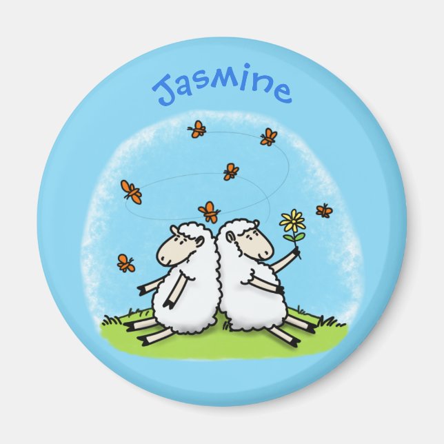 Aimant Caricature de moutons mignons amis et papillons (Devant)
