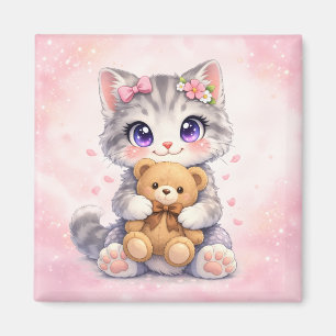 Aimant Carré magnétique Chaton mignon qui enlace un ours