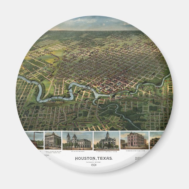 Aimant Carte antique de Houston, Texas avec la rivière Bu (Devant)