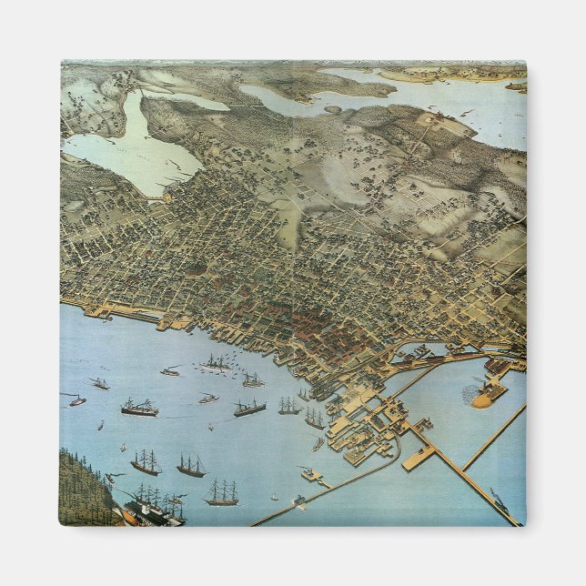 Aimant Carte antique Vue aérienne Ville de Seattle Washin (Devant)