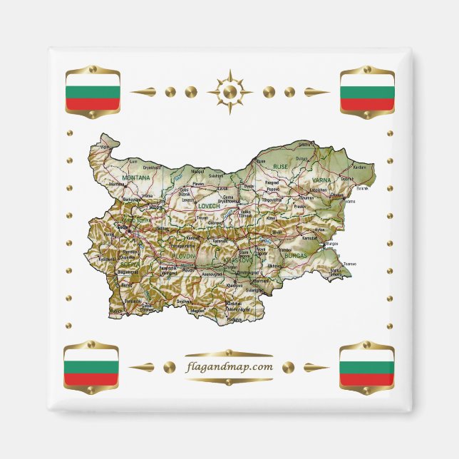 Aimant Carte de la Bulgarie + Magnat des drapeaux (Devant)