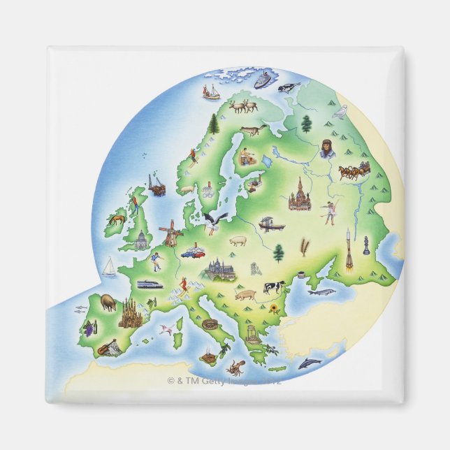 Aimant Carte de l'Europe avec des illustrations de célèbr (Devant)