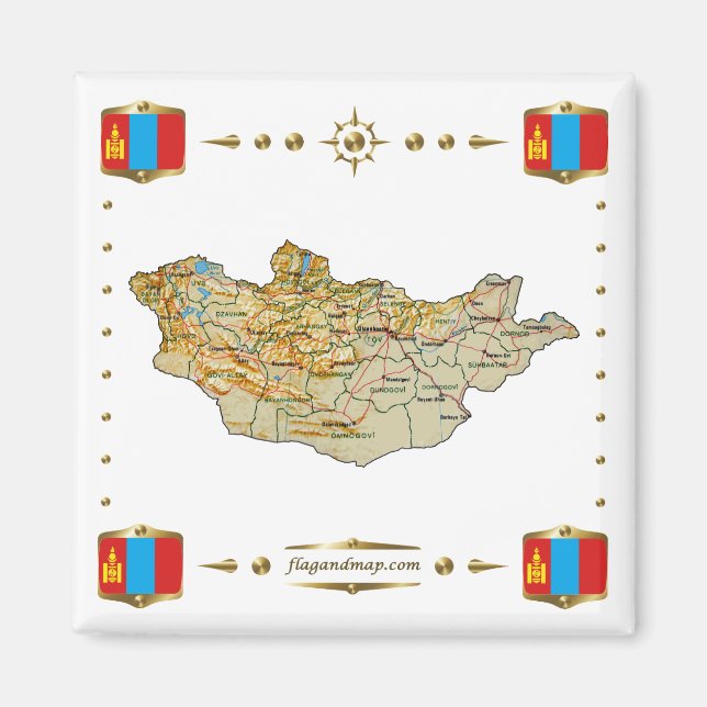 Aimant Carte de Mongolie + Magnat des drapeaux (Devant)