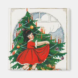 Aimant Carte de Noël rétro, enfant et arbre de Noël