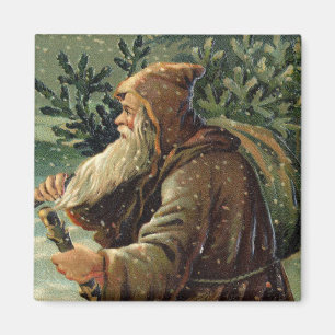 Aimant Carte de Noël vintage, Père Noël et arbre
