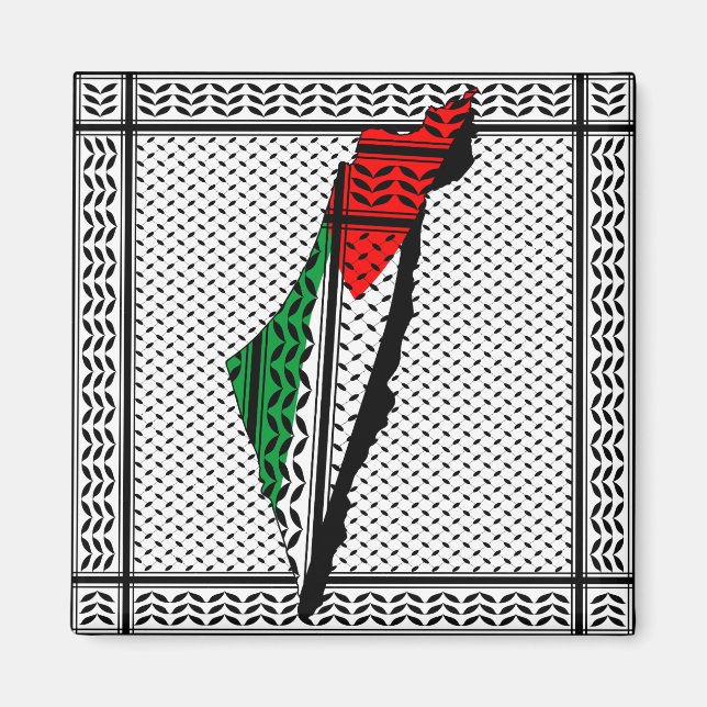 Aimant Carte de Palestine avec drapeau et Motif Keffiyeg (Devant)