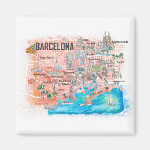 Aimant Carte de voyage illustrée de Barcelone avec routes